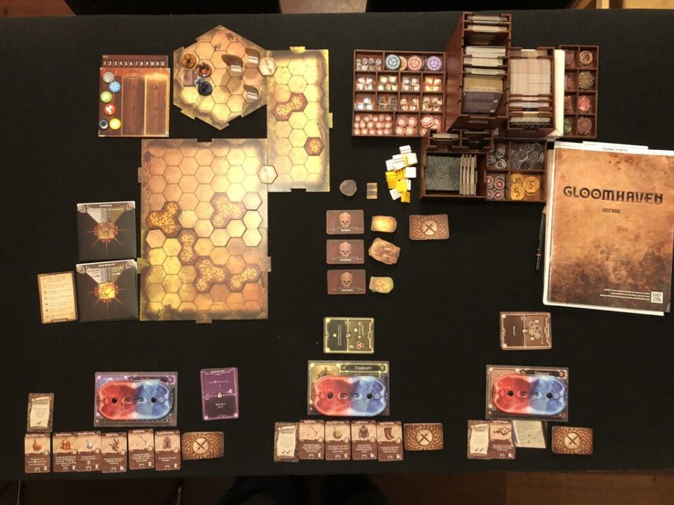 Gloomhaven - Setup for solo play with three characters. - Credit: Hipopotam