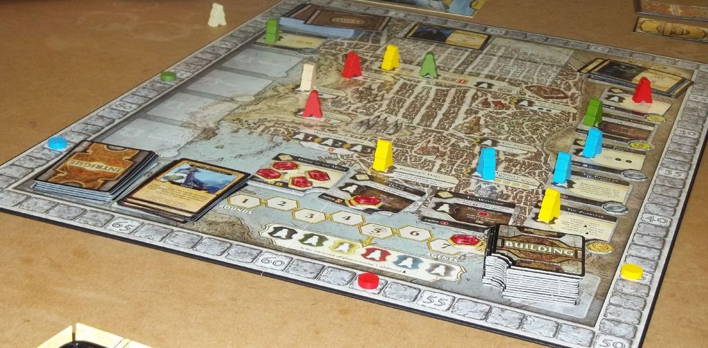 Lords of Waterdeep - Towards the end of our first game, the Harpers are ahead and followed by the Silverstars. - Credit: MerricB