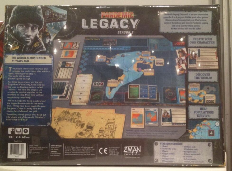 Pandemic Legacy: Season 2 - Pandemic Legacy: Season 2, Z-Man Games, 2017 — back cover, shot at NY Toy Fair 2017 - Credit: W Eric Martin