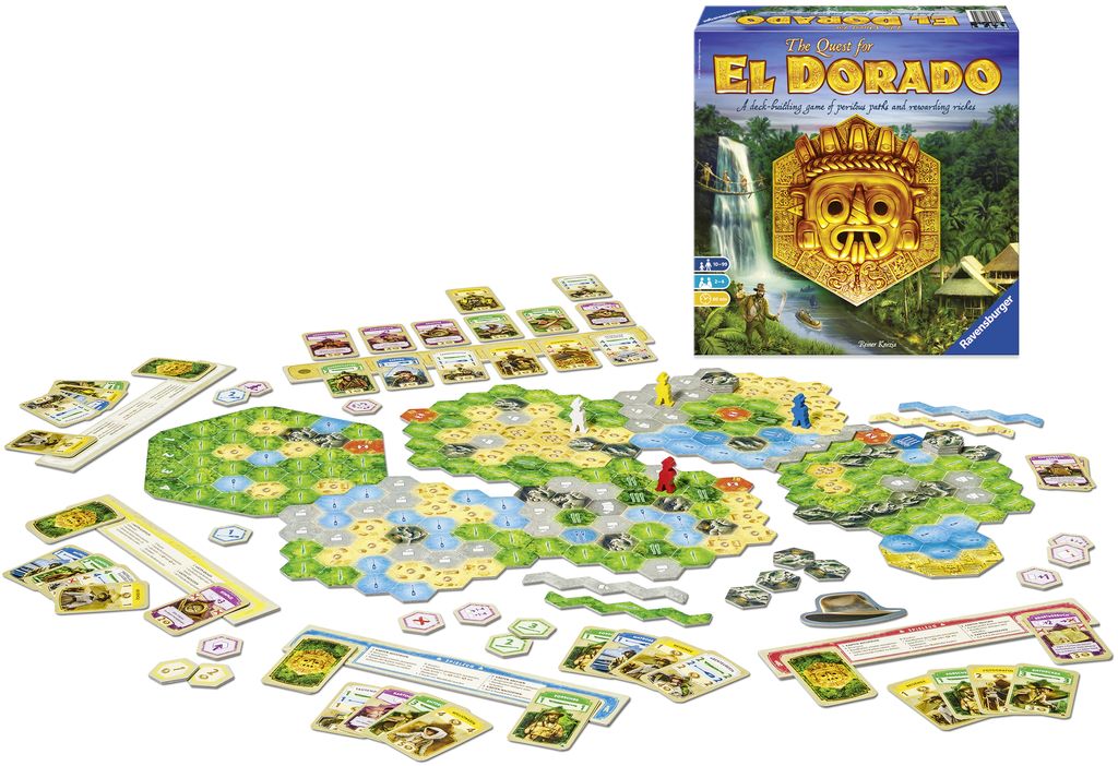 The Quest for El Dorado - The Quest for El Dorado, Ravensburger, 2017 — box and components (image provided by the publisher) - Credit: W Eric Martin