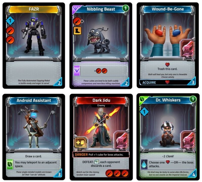 Clank! In! Space!: A Deck-Building Adventure - Clank! In! Space!, Renegade Game Studios, 2017 — sample cards - Credit: W Eric Martin