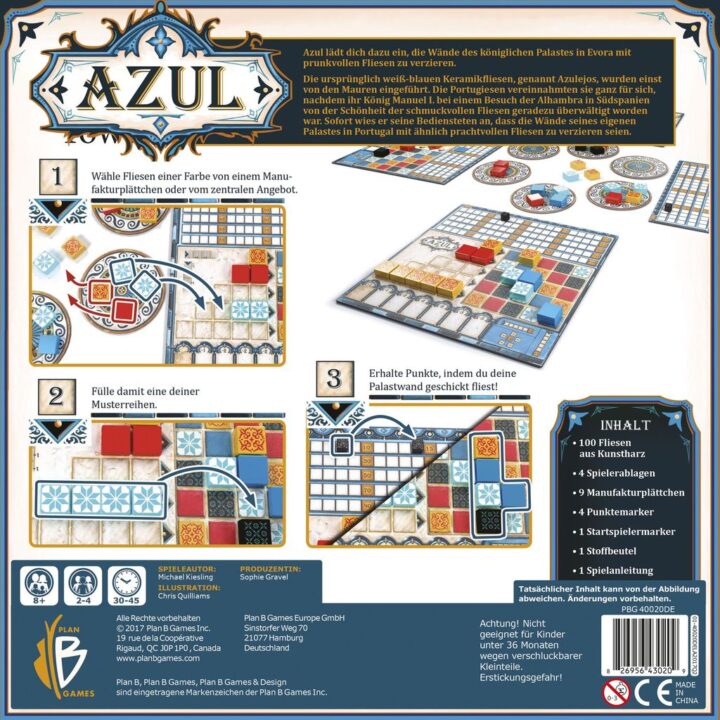 Azul - Azul, Plan B Games, 2017 — back cover, German edition - Credit: W Eric Martin