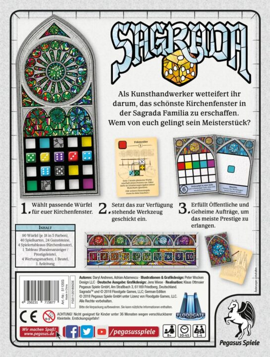 Sagrada - Sagrada, Pegasus Spiele, 2018 — back cover (image provided by the publisher) - Credit: W Eric Martin