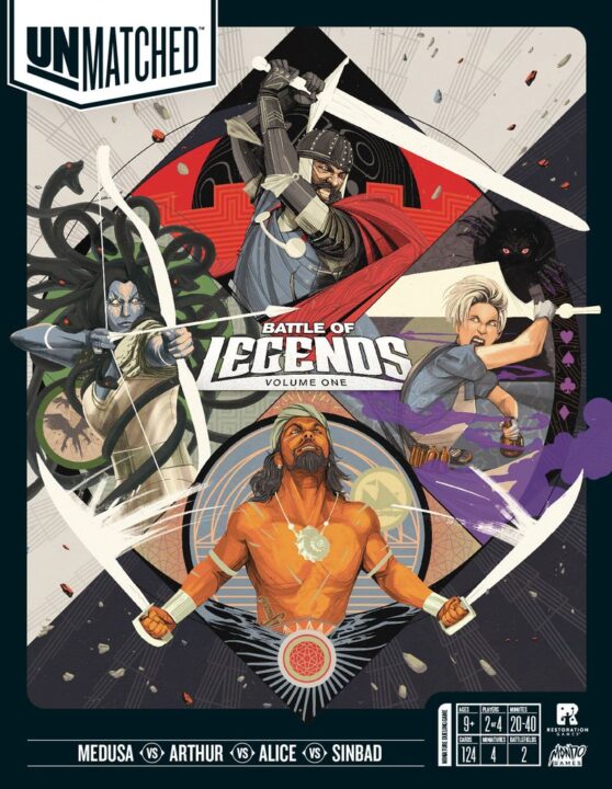 Unmatched: Battle of Legends, Volume One - Unmatched: Battle of Legends, Volume One, Restoration Games/Mondo Games, 2019 — front cover (image provided by the publisher) - Credit: W Eric Martin