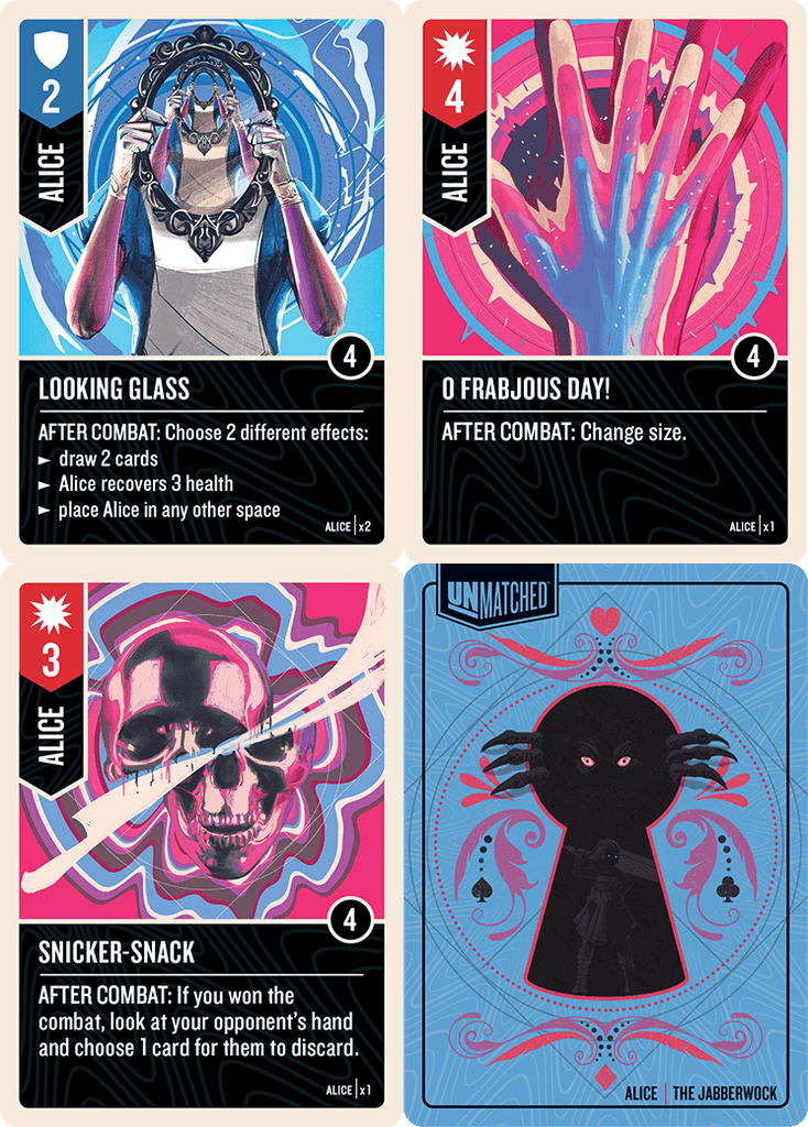 Unmatched: Battle of Legends, Volume One - Unmatched: Battle of Legends, Volume One, Restoration Games/Mondo Games, 2019 — sample Alice cards and card back (image provided by the publisher) - Credit: W Eric Martin