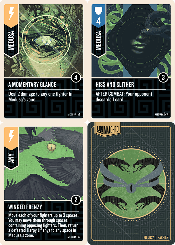 Unmatched: Battle of Legends, Volume One - Unmatched: Battle of Legends, Volume One, Restoration Games/Mondo Games, 2019 — sample Medusa cards (image provided by the publisher) - Credit: W Eric Martin