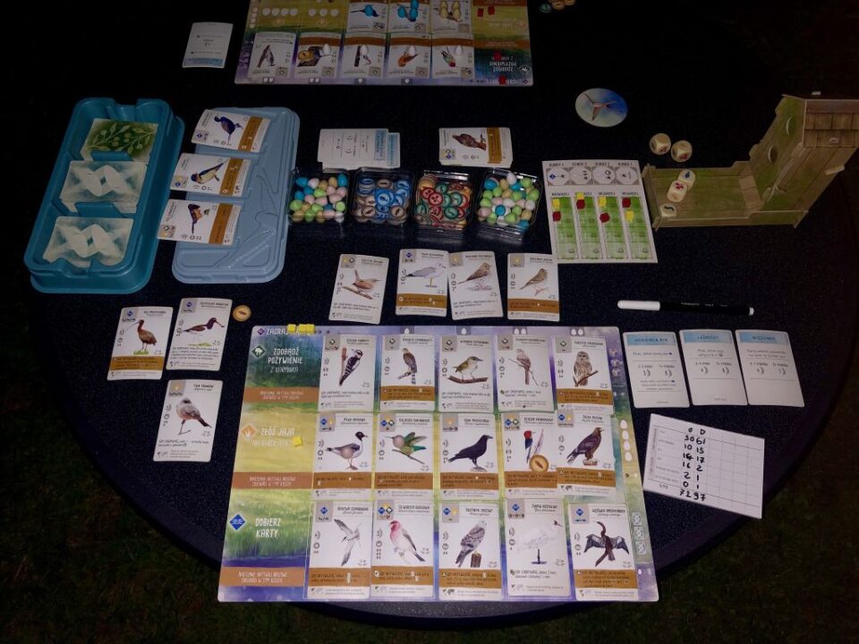 Wingspan - We were playing outdoor and finished after dark. We couldn’t see anything by the end but I managed to play 15 birds for the first time in over 30 plays. - Credit: Hipopotam
