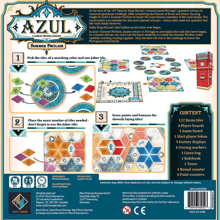 Azul: Summer Pavilion - Azul: Summer Pavilion, Next Move Games, 2019 — back cover (image provided by the publisher) - Credit: W Eric Martin