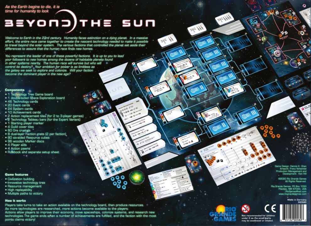 Beyond the Sun - Beyond the Sun, Rio Grande Games, 2020 — back cover (image provided by the publisher) - Credit: W Eric Martin