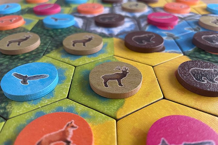 Cascadia - A close-up of the tokens on the tiles. - Credit: singlemeeple