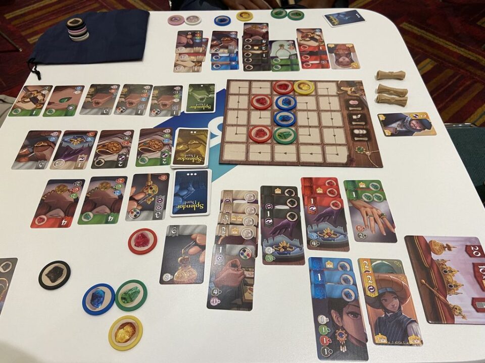 Splendor Duel - Splendor Duel, Space Cowboys, 2022 — my final holdings in a demo game at Gen Con 2022 - Credit: W Eric Martin