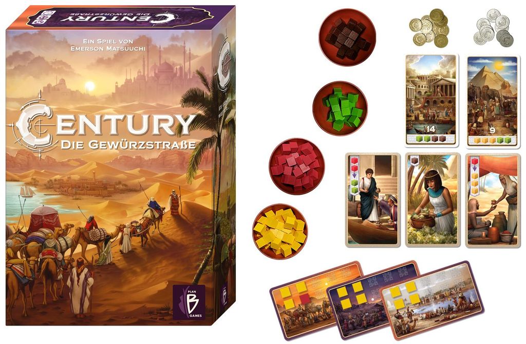 Century: Spice Road - Century: Die Gewürzstraße, Plan B Games, 2017 — box and components (image provided by the publisher) - Credit: W Eric Martin