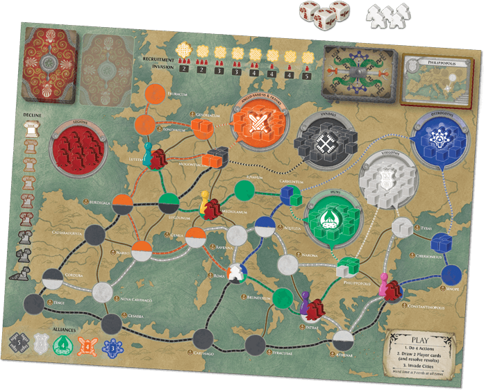 Pandemic: Fall of Rome - Pandemic: Fall of Rome, Z-Man Games, 2018 — game board and pieces - Credit: W Eric Martin