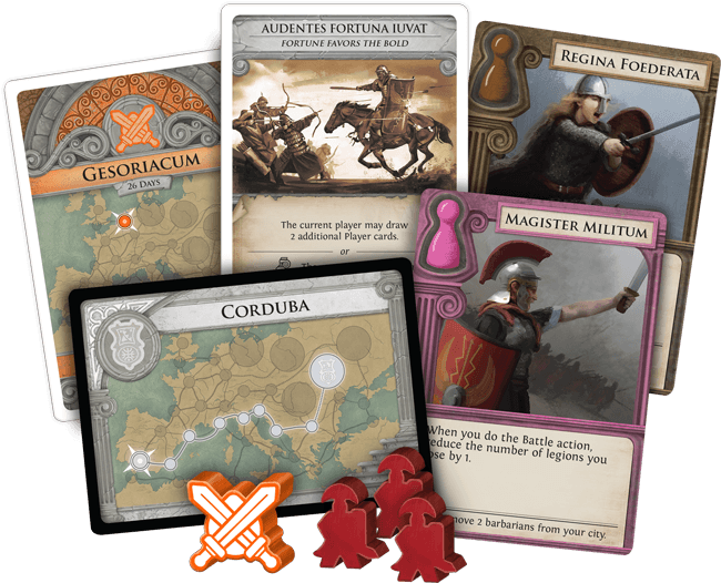 Pandemic: Fall of Rome - Pandemic: Fall of Rome, Z-Man Games, 2018 — sample cards - Credit: W Eric Martin