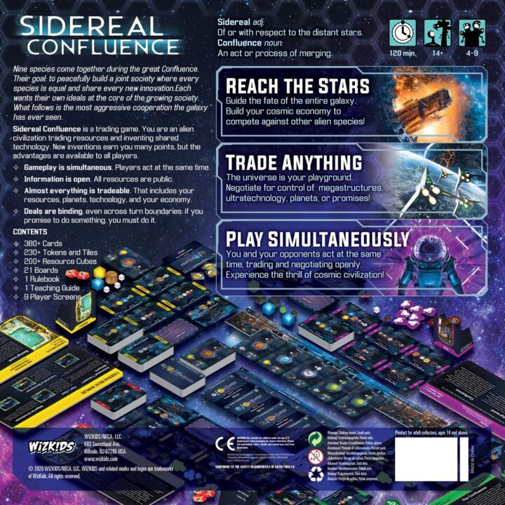 Sidereal Confluence - Sidereal Confluence: Trading and Negotiation in the Elysian Quadrant, WizKids, 2020 — back cover, remastered edition (image provided by the publisher) - Credit: W Eric Martin