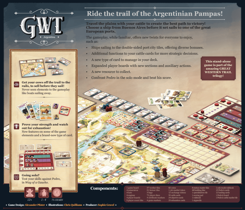Great Western Trail: Argentina - Great Western Trail: Argentina, eggertspiele, 2022 — back cover (image provided by the publisher) - Credit: W Eric Martin