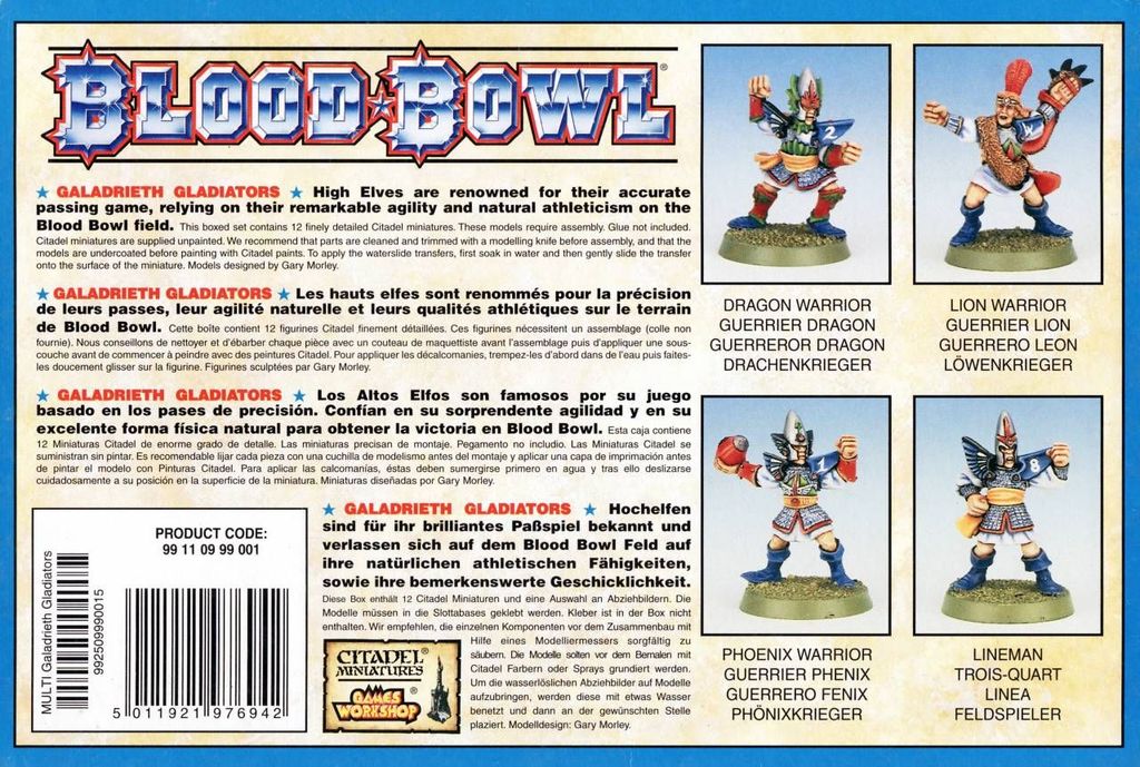 Blood Bowl (Third Edition) - Galadrieth Gladiators - The High Elves Team boxed set from 1997 (back) - Credit: Tanakor