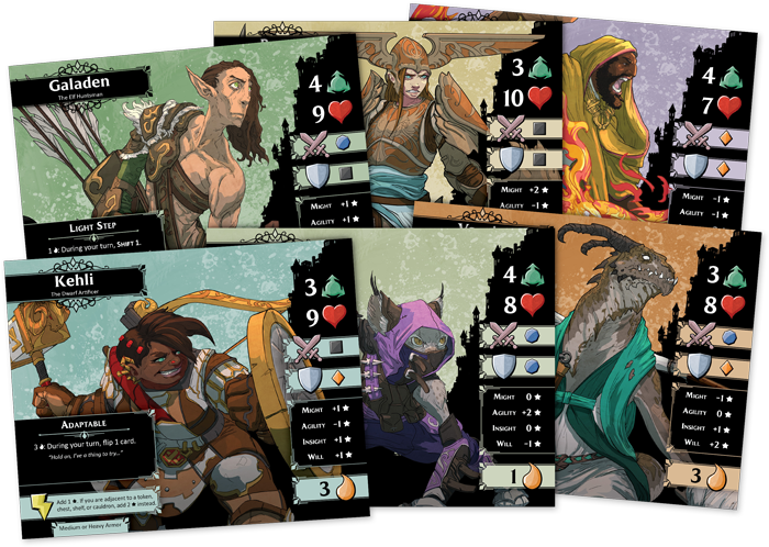 Descent: Legends of the Dark - Descent: Legends of the Dark, Fantasy Flight Games, 2021 — hero cards - Credit: W Eric Martin