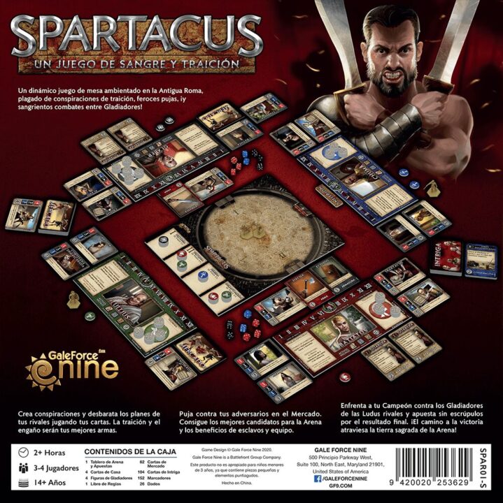 Spartacus: A Game of Blood and Treachery - Spartacus: Un Juego de Sangre y Traición, Gale Force Nine, 2021 — back cover, Spanish second edition (image provided by the publisher) - Credit: W Eric Martin