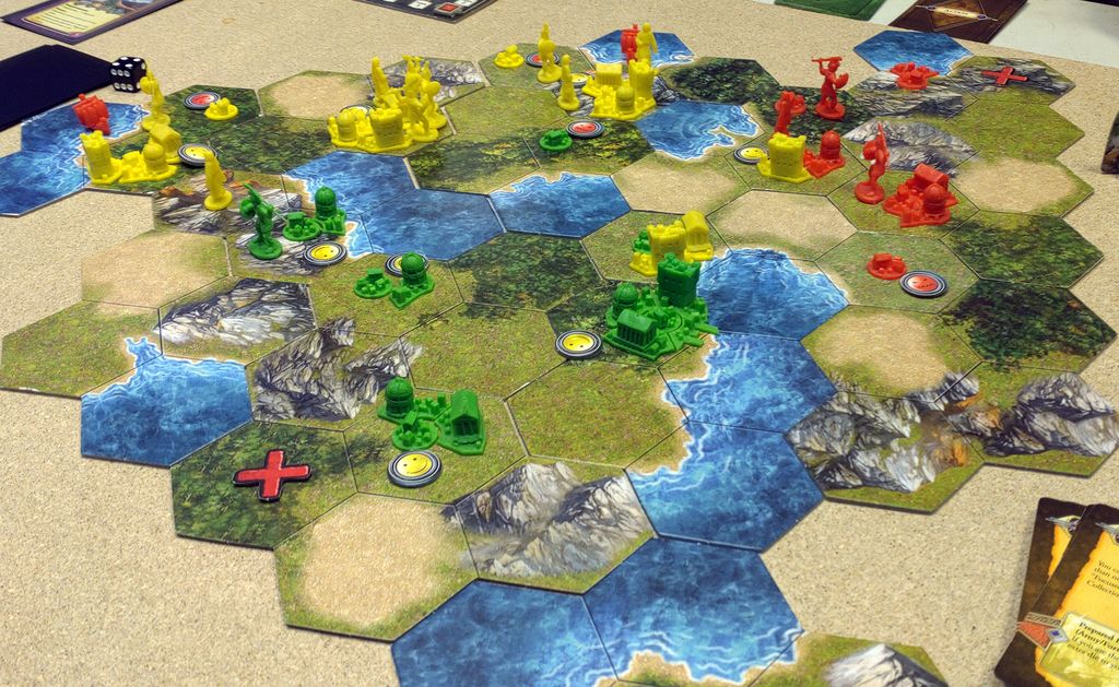 Clash of Cultures - 3 players, didn't win. Green (me): 38, Yellow: 44, Red: 24,5. My last action was sending army from top angry green city into adjacent yellow city; I got massacred. Had no luck at all with cult influence. - Credit: Nilssonius