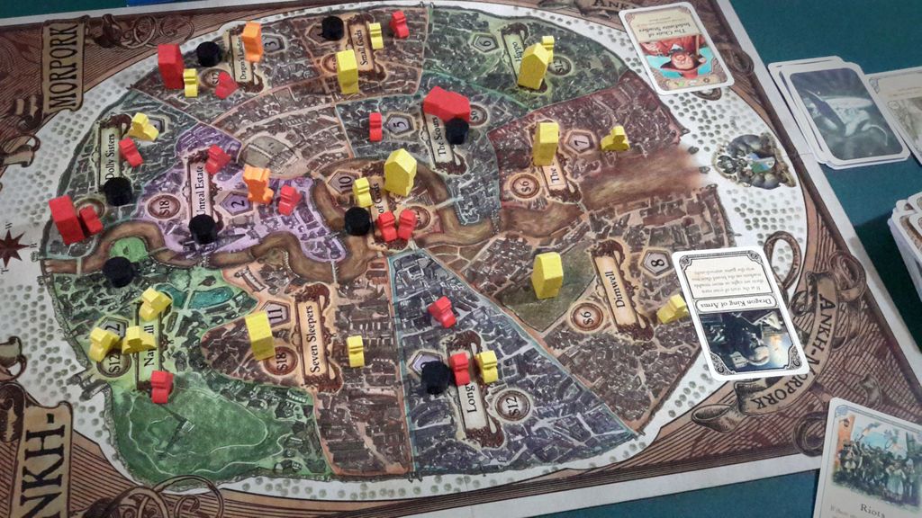 Discworld: Ankh-Morpork - Final board of two player game. Dragon King of Arms versus Lord Vetinari. Game ended with Riots before Dragon King of Arms could claim the victory. - Credit: aldoojeda