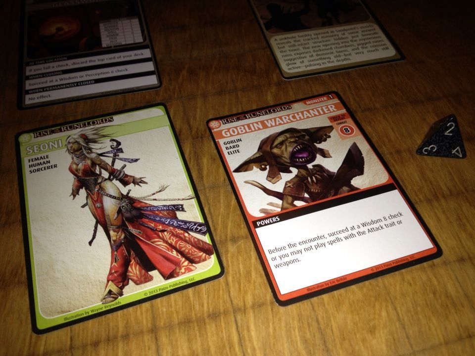 Pathfinder Adventure Card Game: Rise of the Runelords – Base Set - Failed the Wisdom check so Seoni couldn't cast spells and had to try to punch a goblin to death. It didn't end well for her. - Credit: forster925