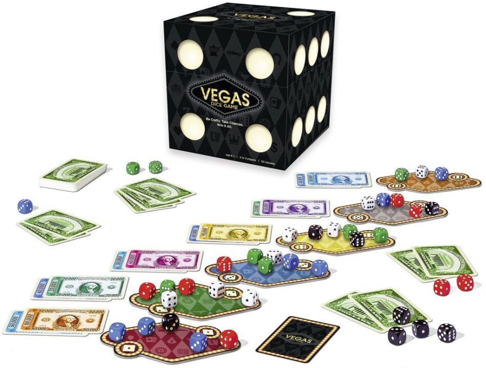 Las Vegas - Vegas Dice Game, Ravensburger, 2017 — box and components (image provided by the publisher) - Credit: W Eric Martin