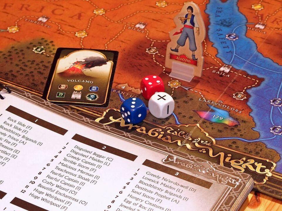 Tales of the Arabian Nights - Some components - encounter card, dice, playing piece, encounter tables - Credit: Tanakor
