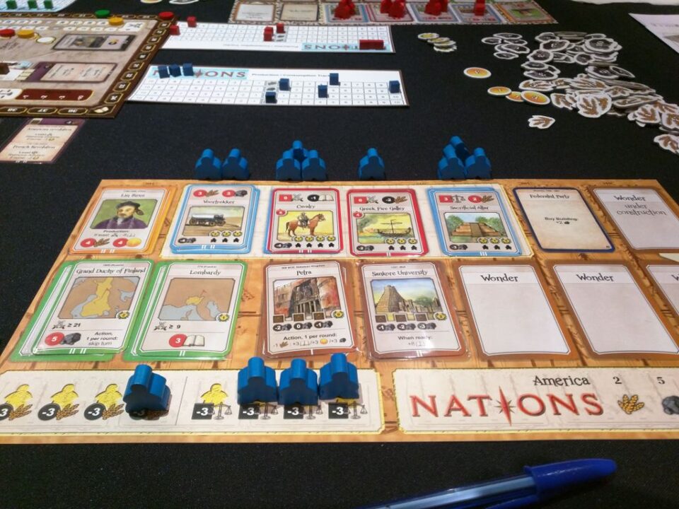 Nations - My End Game Nation (The meeples on top were the ones on each of the cards below) - Credit: Muse23PT