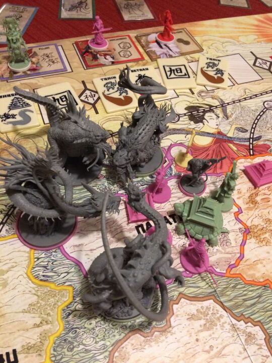 Rising Sun - Battle of Four Dragons (Daikaiju: Fainaru uôzu) , Turtle Clan vs Lotus Clan  - Fire Dragon Killed River Dragon, Earth Dragon forced Daikaiju to retreat to Kansu.  Final resolution? Lotus won via ronin! - Credit: White Elk