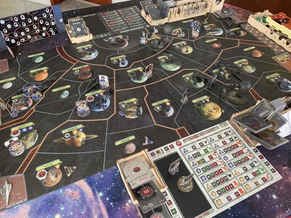 Star Wars: Rebellion - End Game. Rebel win with relocated base at Tatooine. Original base location was Kessel. Using Expanded Unit Boards 1.4 & Magnetic Search Board 1.0 - Credit: lantinian