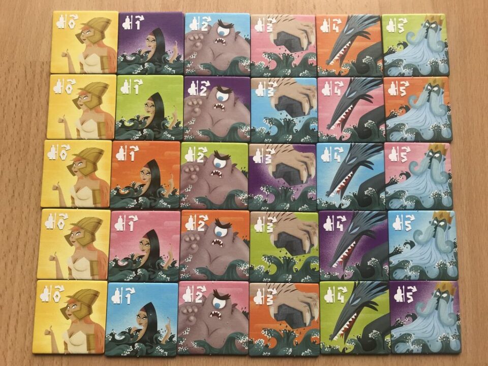 Leo - Dutch ODYSSEUS (1st) edition. Each row (same back ) has one good tile (Athena) with no loss and 5 bad tiles with 1-5 losses (Siren, Polyphem, Lästrigones, Skylla, Poseidon) - Credit: Reinhard Sabel