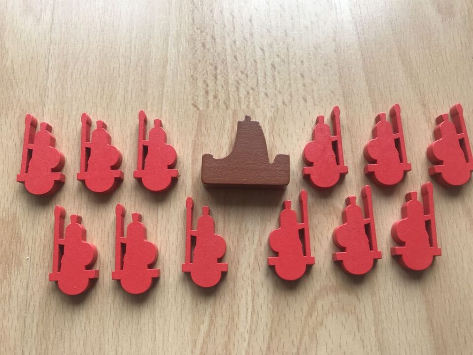 Leo - OFYSSEUS version (1st Dutch edition). Wooden Piece: 1x Playing piece Ship, 12x men (crew of the great cardboard ship, used to count losses of each round - Credit: Reinhard Sabel