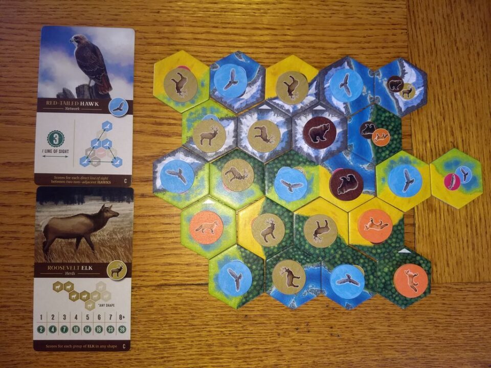 Cascadia - My highest score yet- 111 points. Went all out on maximizing hawks- 36 points from 7 hawks. - Credit: BagelManB