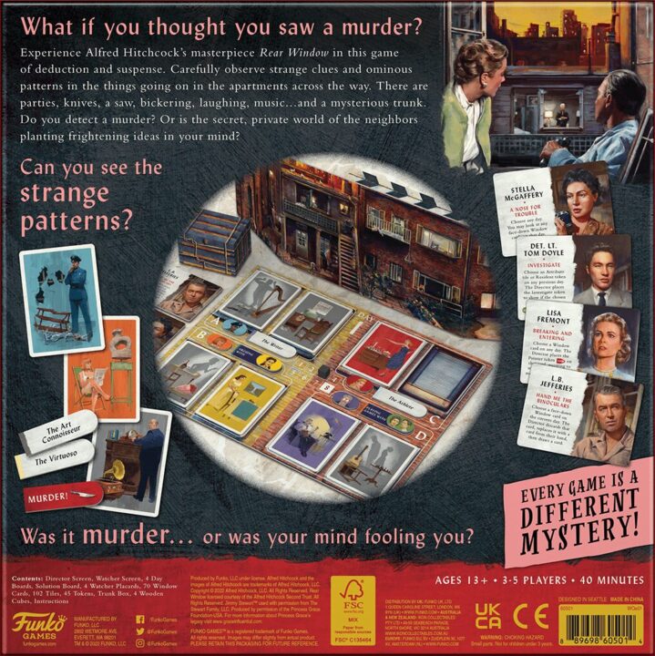 Rear Window - Rear Window, Funko Games, 2022 — back cover (image provided by the publisher) - Credit: W Eric Martin