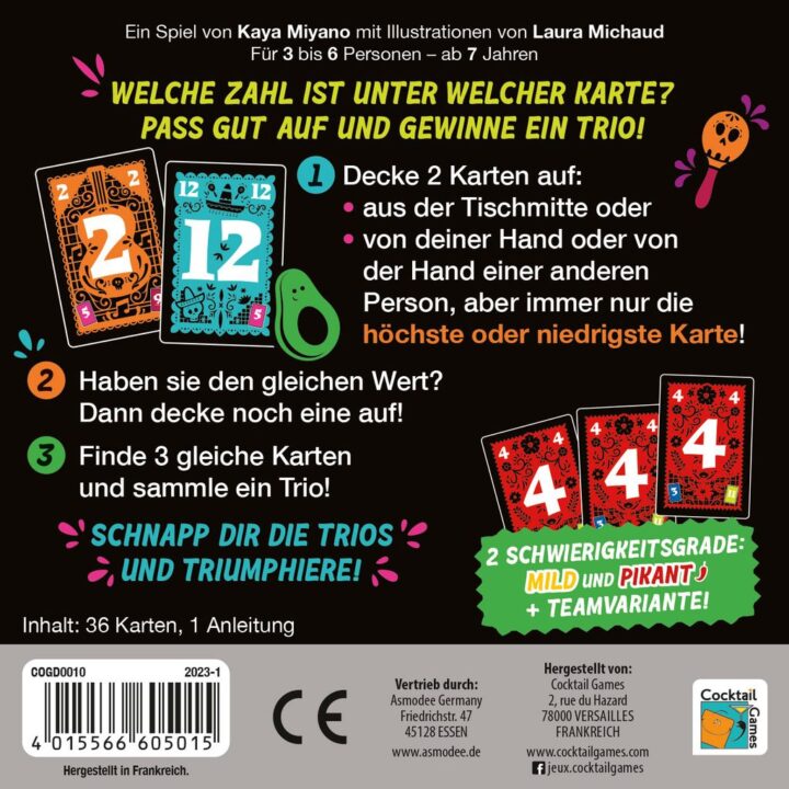 Trio - Trio, Cocktail Games, 2023 — back cover, German edition (image provided by the publisher) - Credit: W Eric Martin