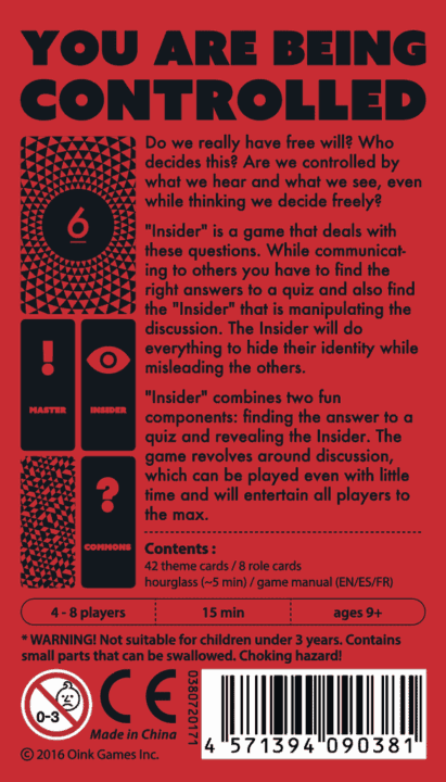 Insider - Insider, Oink Games, 2017 (image provided by the publisher) — back cover - Credit: W Eric Martin