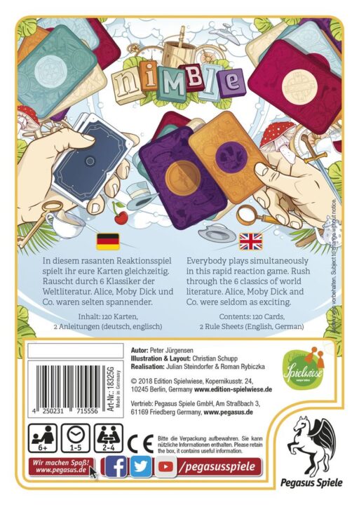 Nimble - Nimble, Edition Spielwiese/Pegasus Spiele, 2018 — back cover (image provided by the publisher) - Credit: W Eric Martin