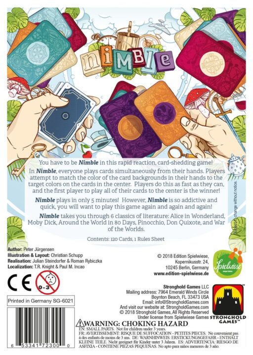 Nimble - Nimble, Stronghold Games, 2018 — back cover (image provided by the publisher) - Credit: W Eric Martin
