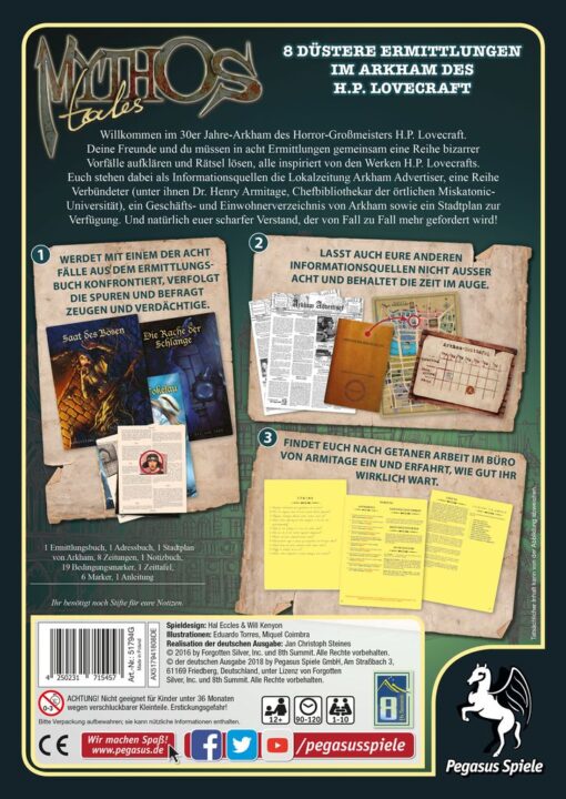 Mythos Tales - Mythos Tales, Pegasus Spiele, 2018 — back cover - Credit: W Eric Martin