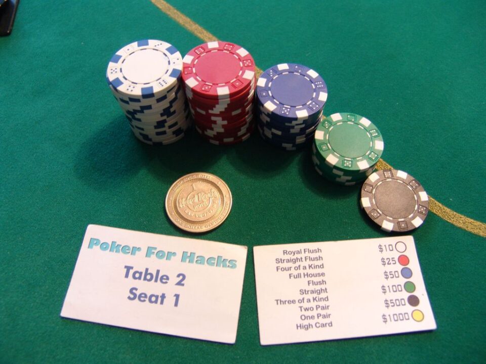 Poker - This is what each player receives on poker night. Starting chips, a card marker, and a seat card with the back of the card printed to indicate hand rankings and chip values. - Credit: Bixby