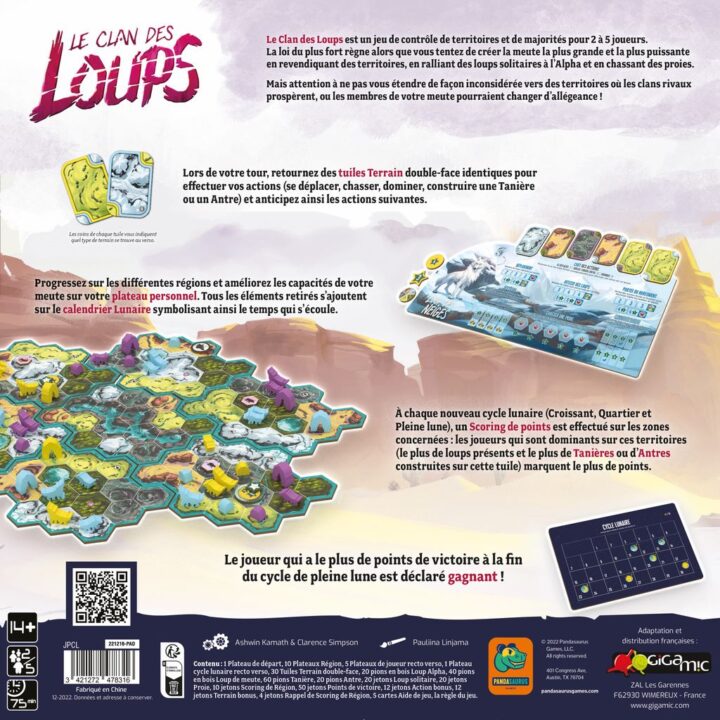 The Wolves - Le Clan des Loups, Gigamic / Pandasaurus Games, 2023 — back cover, French edition (image provided by the publisher) - Credit: W Eric Martin