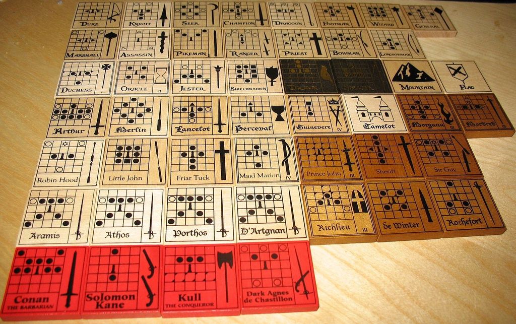 The Duke - Front side of all unique tiles. Rows 1+2: standard troop tiles. Row 3: Advanced tiles. Row 4: King Arthur. Row 5: Robin Hood. Row 6: Three Musketeers. Row 7: Robert E. Howard. - Credit: unic